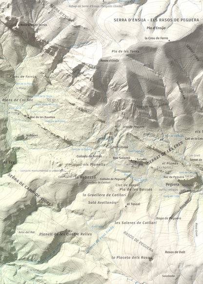 Mapa de relieve de Serrat Voltor, 2282 m, Berguedà, lámina 100 Cims de Trobart. Detalle de la zona inferior izquierda. 50 × 70 cm.
