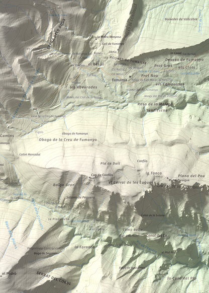 Mapa de relieve de Serrat Voltor, 2282 m, Berguedà, lámina 100 Cims de Trobart. Detalle de la zona inferior derecha. 50 × 70 cm.