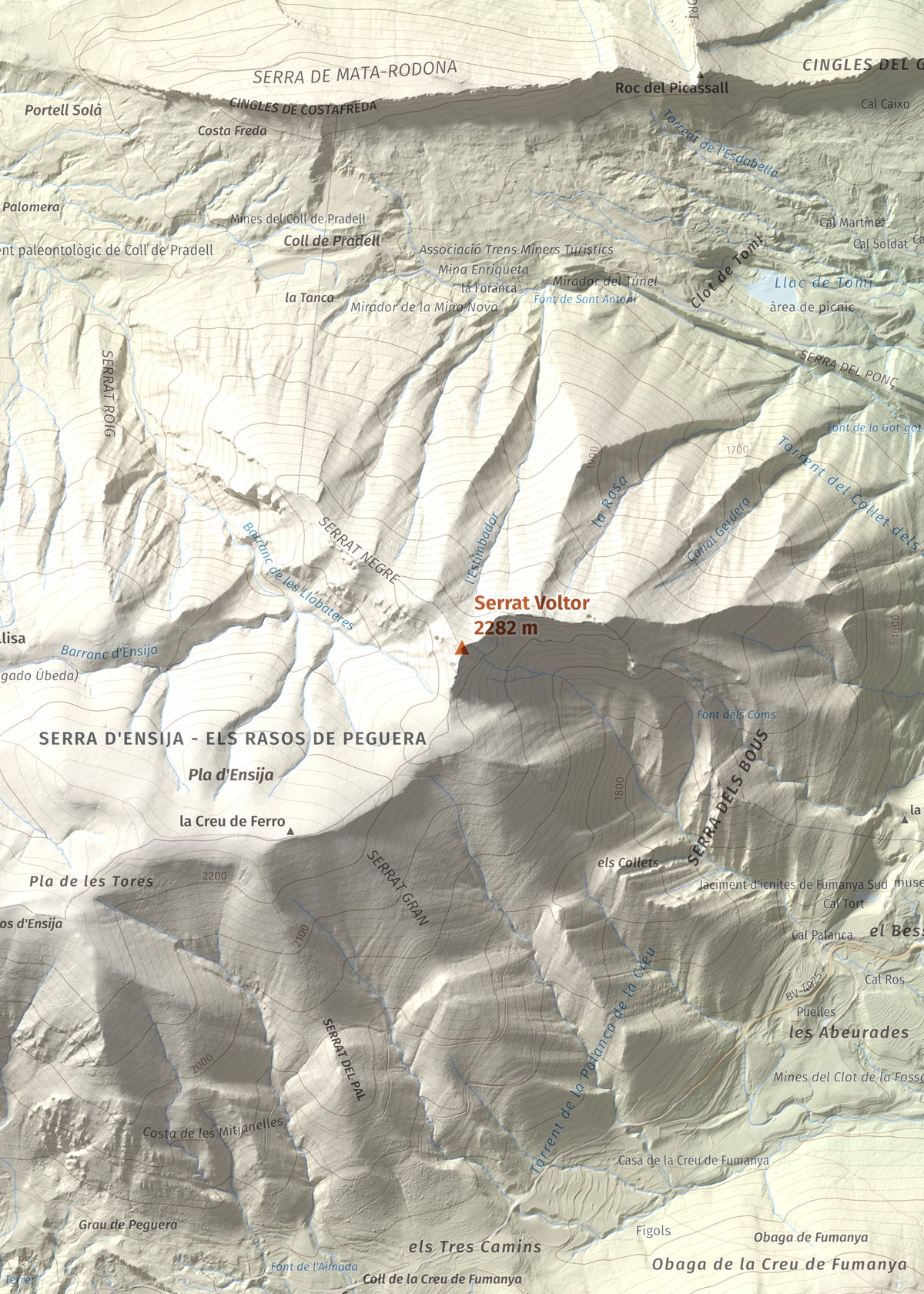 Mapa de relieve de Serrat Voltor, 2282 m, Berguedà, lámina 100 Cims de Trobart. Detalle de la zona central. 50 × 70 cm.