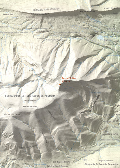 Mapa de relieve de Serrat Voltor, 2282 m, Berguedà, lámina 100 Cims de Trobart. Detalle de la zona central. 50 × 70 cm.
