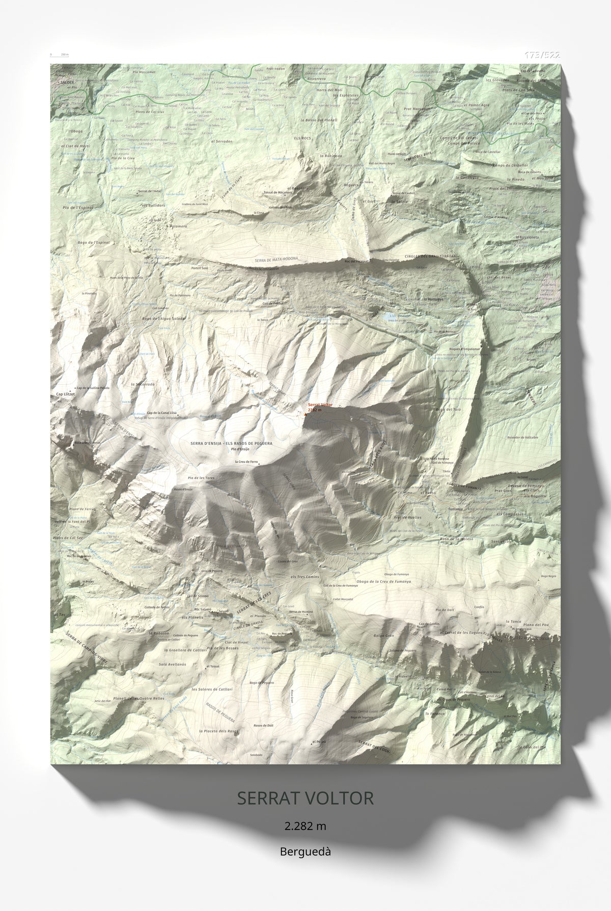 Mapa de relieve de Serrat Voltor, 2282 m, Berguedà, lámina 100 Cims de Trobart 61 × 91 cm.