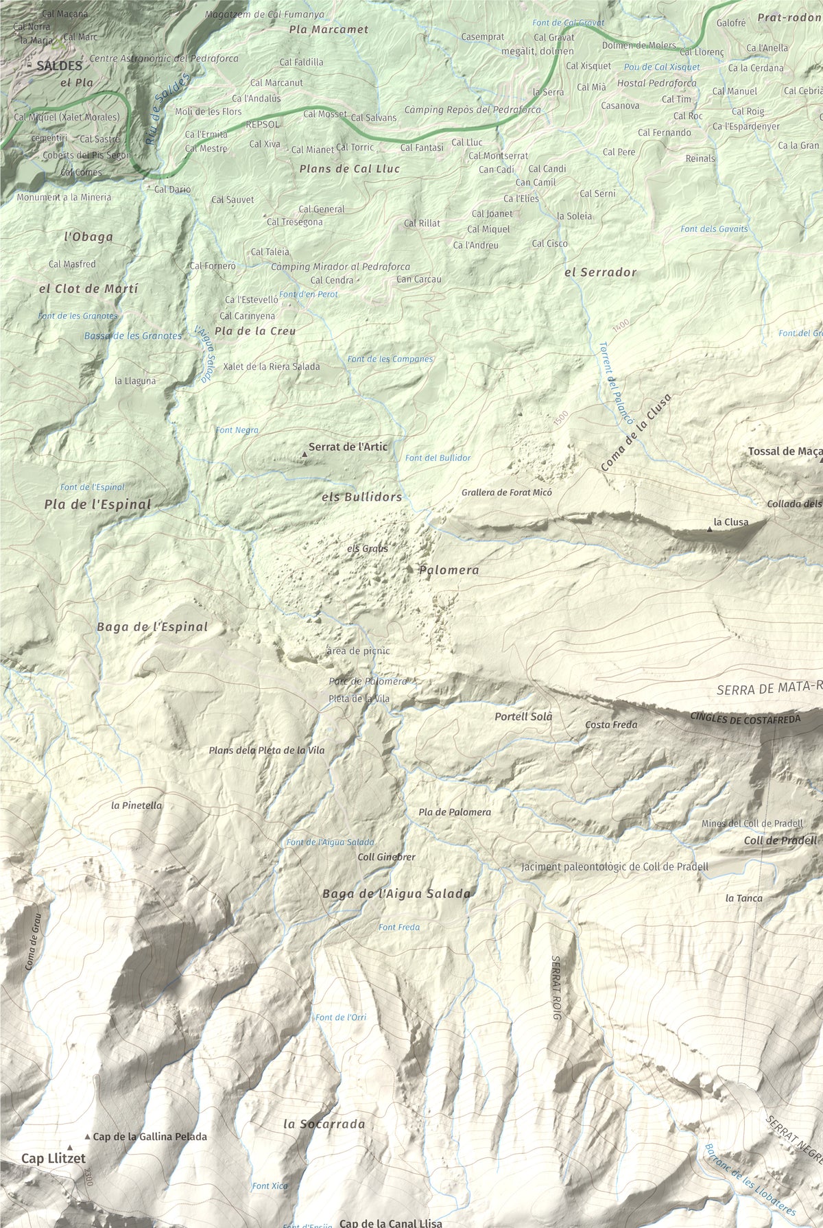 Mapa de relieve de Serrat Voltor, 2282 m, Berguedà, lámina 100 Cims de Trobart. Detalle de la zona superior izquierda. 61 × 91 cm.