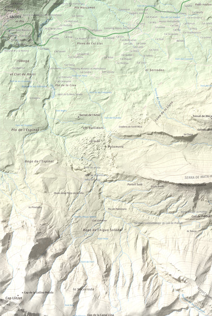 Mapa de relieve de Serrat Voltor, 2282 m, Berguedà, lámina 100 Cims de Trobart. Detalle de la zona superior izquierda. 61 × 91 cm.