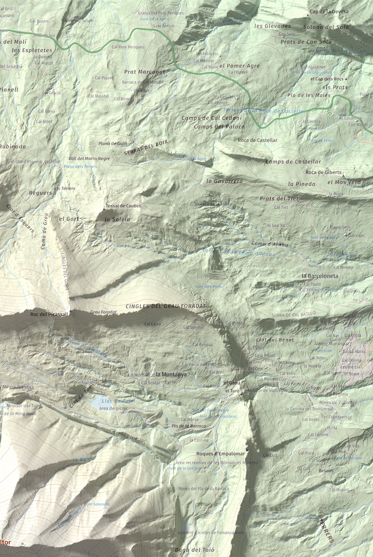 Mapa de relieve de Serrat Voltor, 2282 m, Berguedà, lámina 100 Cims de Trobart. Detalle de la zona superior derecha. 61 × 91 cm.