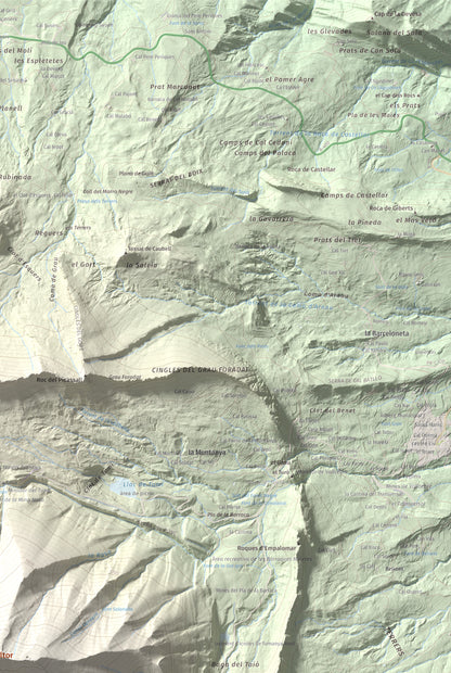 Mapa de relieve de Serrat Voltor, 2282 m, Berguedà, lámina 100 Cims de Trobart. Detalle de la zona superior derecha. 61 × 91 cm.