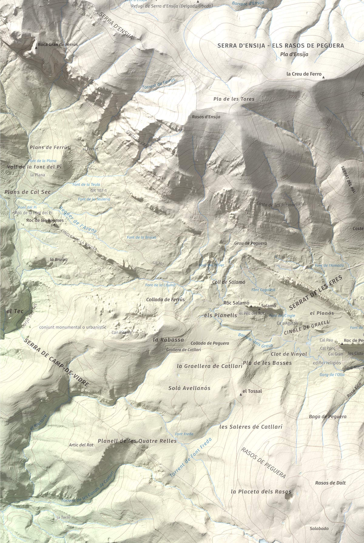 Mapa de relieve de Serrat Voltor, 2282 m, Berguedà, lámina 100 Cims de Trobart. Detalle de la zona inferior izquierda. 61 × 91 cm.