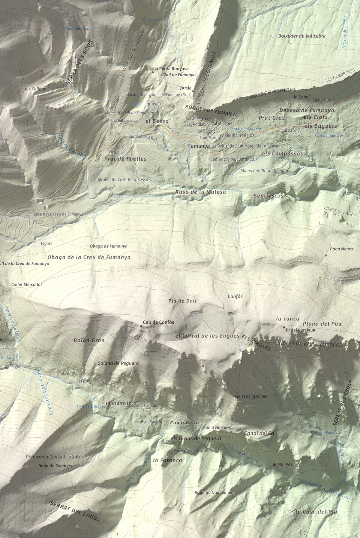 Mapa de relieve de Serrat Voltor, 2282 m, Berguedà, lámina 100 Cims de Trobart. Detalle de la zona inferior derecha. 61 × 91 cm.