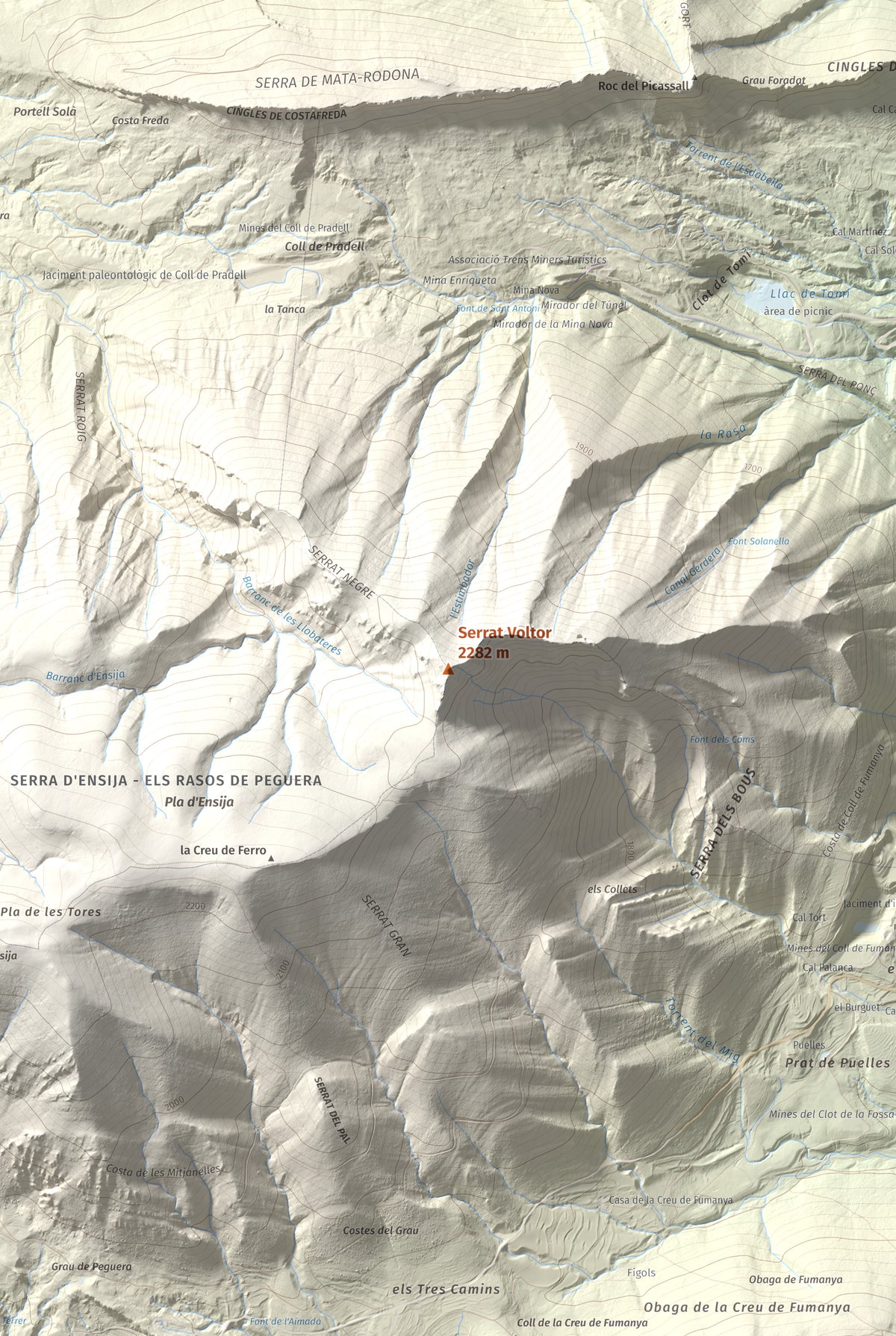 Mapa de relieve de Serrat Voltor, 2282 m, Berguedà, lámina 100 Cims de Trobart. Detalle de la zona central. 61 × 91 cm.