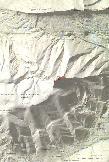 Mapa de relieve de Serrat Voltor, 2282 m, Berguedà, lámina 100 Cims de Trobart. Detalle de la zona central. 61 × 91 cm.
