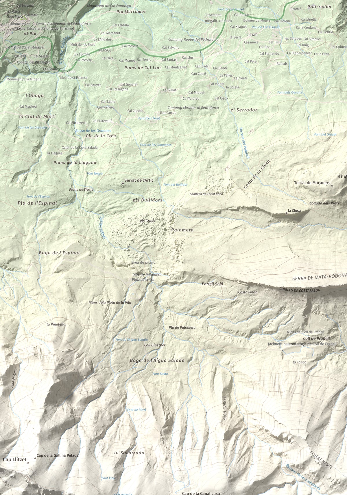Mapa de relieve de Serrat Voltor, 2282 m, Berguedà, lámina 100 Cims de Trobart. Detalle de la zona superior izquierda. 70 × 100 cm.