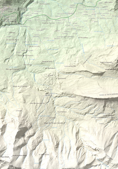 Mapa de relieve de Serrat Voltor, 2282 m, Berguedà, lámina 100 Cims de Trobart. Detalle de la zona superior izquierda. 70 × 100 cm.