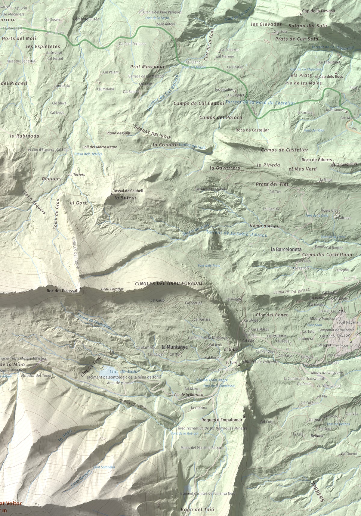Mapa de relieve de Serrat Voltor, 2282 m, Berguedà, lámina 100 Cims de Trobart. Detalle de la zona superior derecha. 70 × 100 cm.