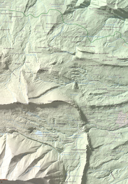 Mapa de relieve de Serrat Voltor, 2282 m, Berguedà, lámina 100 Cims de Trobart. Detalle de la zona superior derecha. 70 × 100 cm.