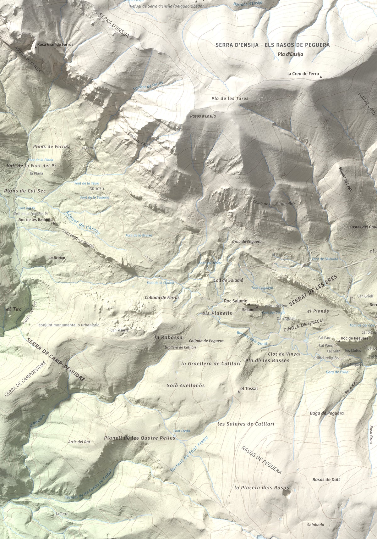 Mapa de relieve de Serrat Voltor, 2282 m, Berguedà, lámina 100 Cims de Trobart. Detalle de la zona inferior izquierda. 70 × 100 cm.