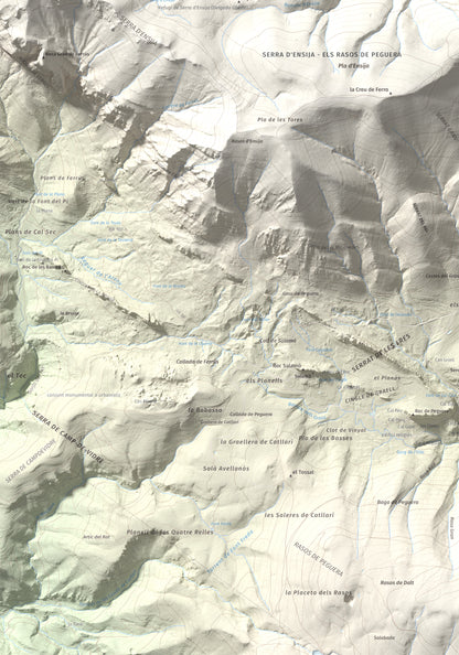 Mapa de relieve de Serrat Voltor, 2282 m, Berguedà, lámina 100 Cims de Trobart. Detalle de la zona inferior izquierda. 70 × 100 cm.