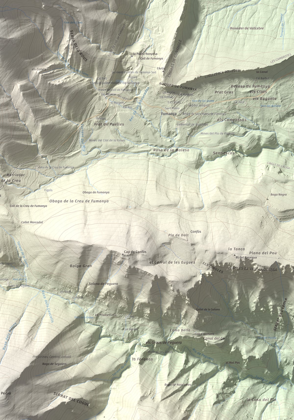 Mapa de relieve de Serrat Voltor, 2282 m, Berguedà, lámina 100 Cims de Trobart. Detalle de la zona inferior derecha. 70 × 100 cm.