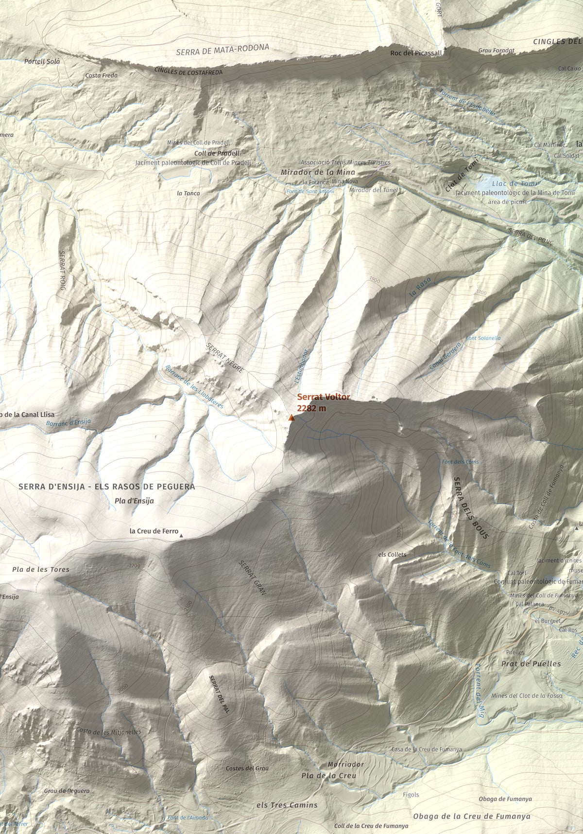 Mapa de relieve de Serrat Voltor, 2282 m, Berguedà, lámina 100 Cims de Trobart. Detalle de la zona central. 70 × 100 cm.