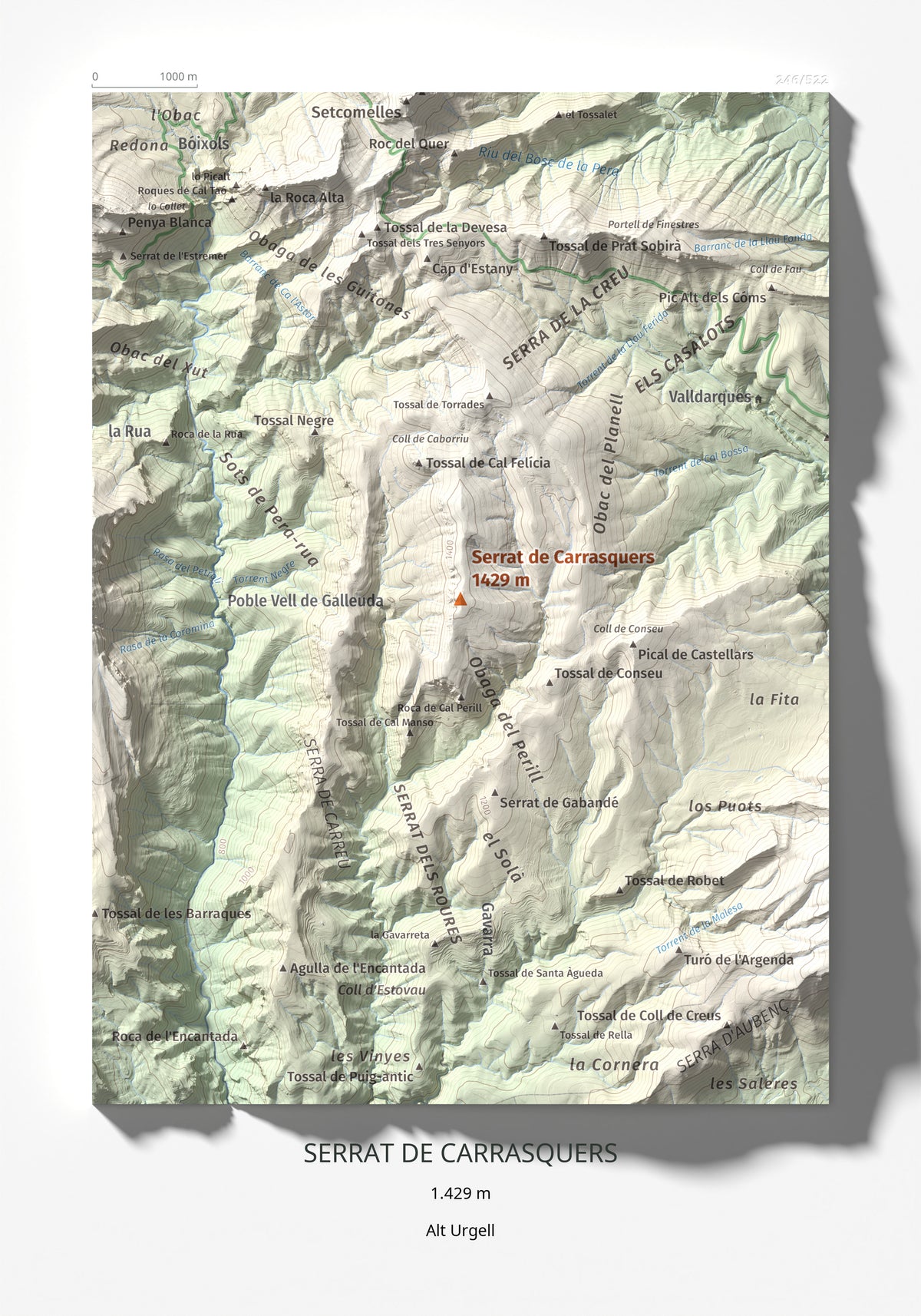 Mapa de relieve de Serrat de Carrasquers, 1429 m, Alt Urgell, lámina 100 Cims de Trobart 21 × 30 cm.