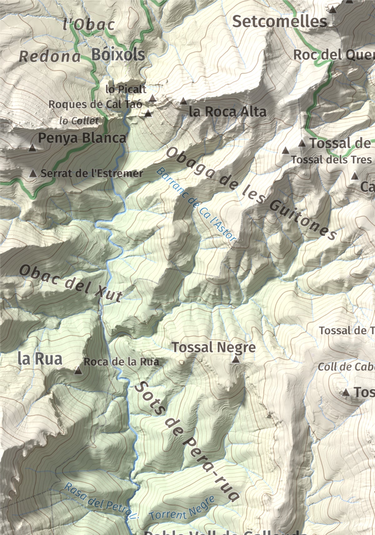 Mapa de relieve de Serrat de Carrasquers, 1429 m, Alt Urgell, lámina 100 Cims de Trobart. Detalle de la zona superior izquierda. 21 × 30 cm.