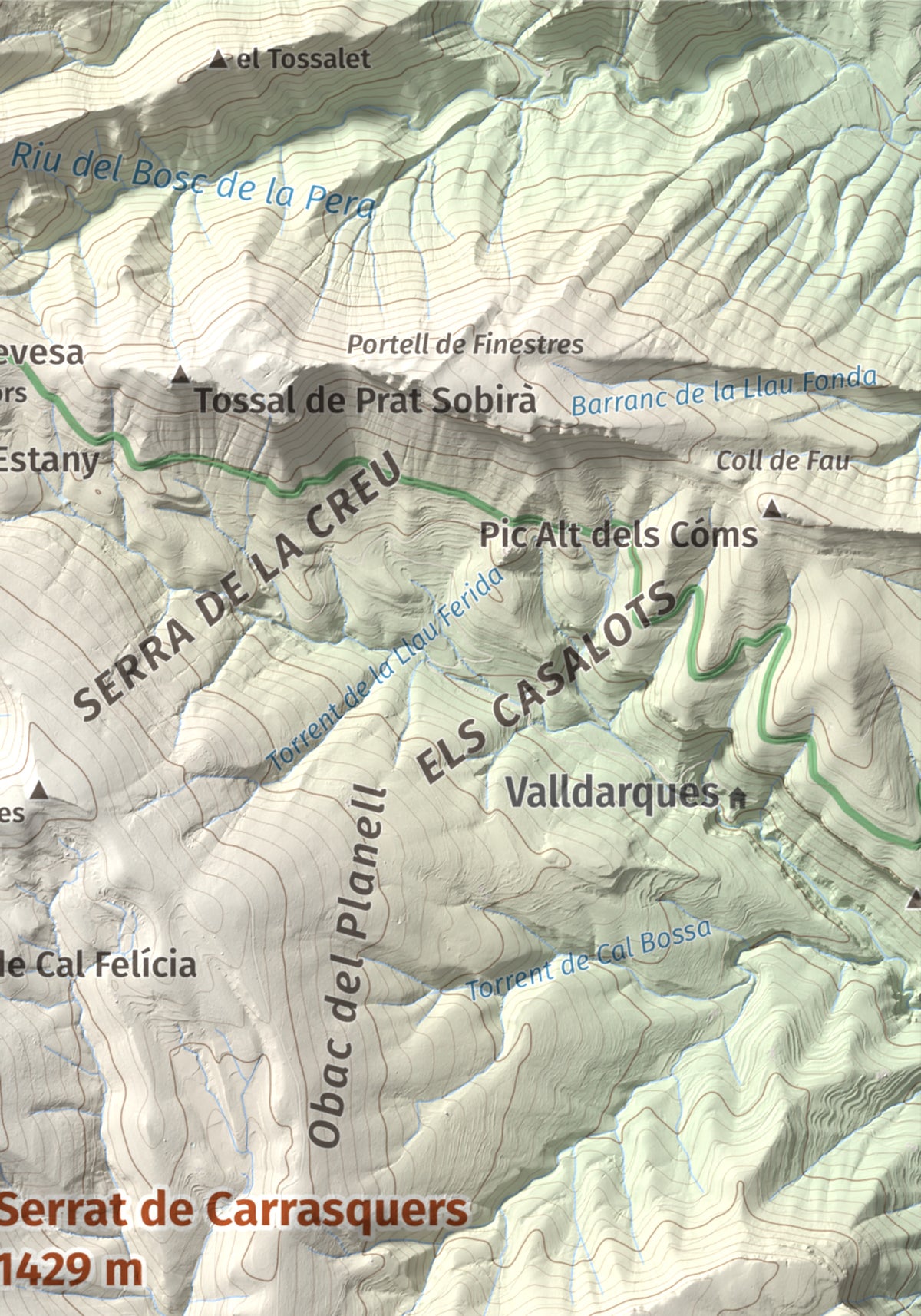 Mapa de relieve de Serrat de Carrasquers, 1429 m, Alt Urgell, lámina 100 Cims de Trobart. Detalle de la zona superior derecha. 21 × 30 cm.