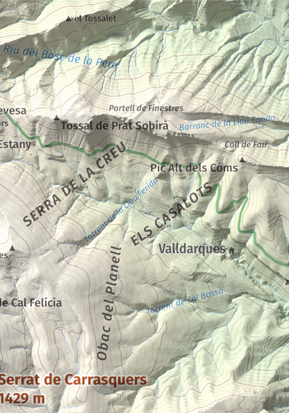 Mapa de relieve de Serrat de Carrasquers, 1429 m, Alt Urgell, lámina 100 Cims de Trobart. Detalle de la zona superior derecha. 21 × 30 cm.