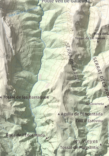 Mapa de relieve de Serrat de Carrasquers, 1429 m, Alt Urgell, lámina 100 Cims de Trobart. Detalle de la zona inferior izquierda. 21 × 30 cm.
