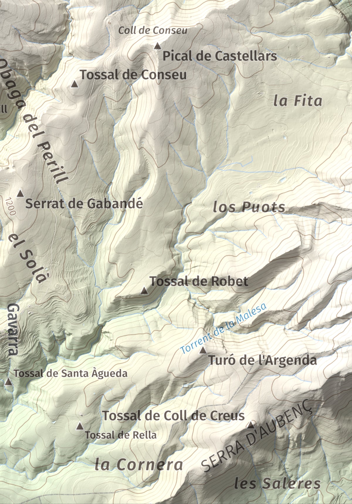 Mapa de relieve de Serrat de Carrasquers, 1429 m, Alt Urgell, lámina 100 Cims de Trobart. Detalle de la zona inferior derecha. 21 × 30 cm.