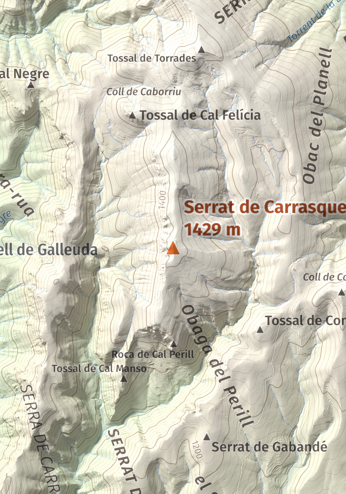 Mapa de relieve de Serrat de Carrasquers, 1429 m, Alt Urgell, lámina 100 Cims de Trobart. Detalle de la zona central. 21 × 30 cm.