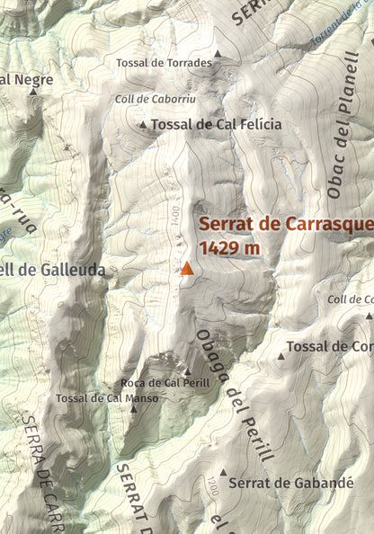Mapa de relieve de Serrat de Carrasquers, 1429 m, Alt Urgell, lámina 100 Cims de Trobart. Detalle de la zona central. 21 × 30 cm.