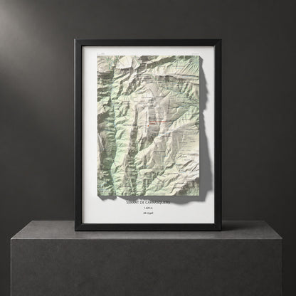 Mapa de relieve de Serrat de Carrasquers, 1429 m, Alt Urgell, lámina 100 Cims de Trobart. Presentación enmarcada. 30 × 40 cm.