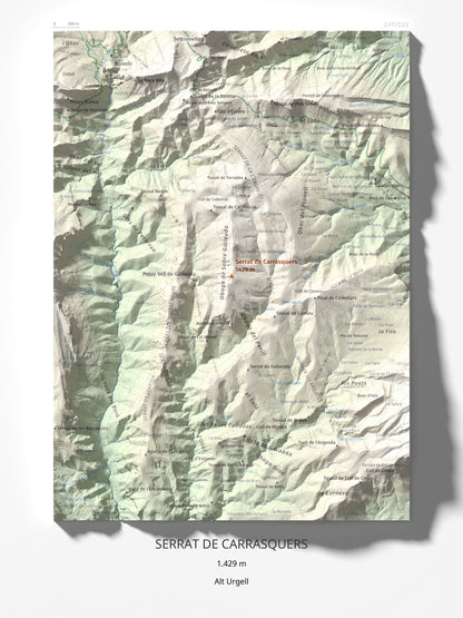 Mapa de relieve de Serrat de Carrasquers, 1429 m, Alt Urgell, lámina 100 Cims de Trobart 30 × 40 cm.