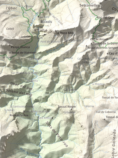 Mapa de relieve de Serrat de Carrasquers, 1429 m, Alt Urgell, lámina 100 Cims de Trobart. Detalle de la zona superior izquierda. 30 × 40 cm.