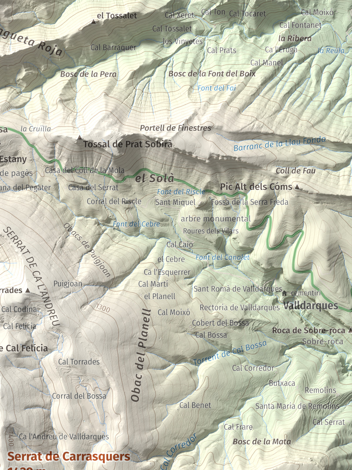 Mapa de relieve de Serrat de Carrasquers, 1429 m, Alt Urgell, lámina 100 Cims de Trobart. Detalle de la zona superior derecha. 30 × 40 cm.