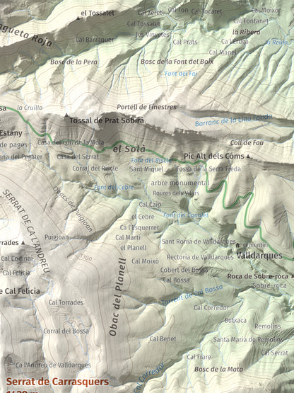 Mapa de relieve de Serrat de Carrasquers, 1429 m, Alt Urgell, lámina 100 Cims de Trobart. Detalle de la zona superior derecha. 30 × 40 cm.