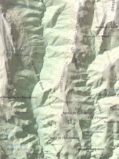 Mapa de relieve de Serrat de Carrasquers, 1429 m, Alt Urgell, lámina 100 Cims de Trobart. Detalle de la zona inferior izquierda. 30 × 40 cm.