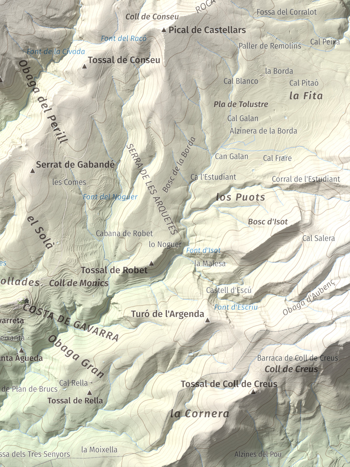 Mapa de relieve de Serrat de Carrasquers, 1429 m, Alt Urgell, lámina 100 Cims de Trobart. Detalle de la zona inferior derecha. 30 × 40 cm.
