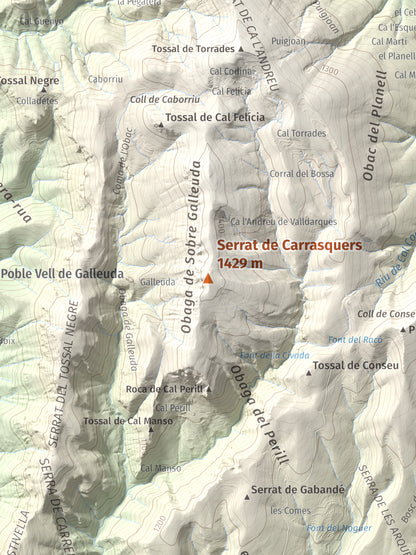 Mapa de relieve de Serrat de Carrasquers, 1429 m, Alt Urgell, lámina 100 Cims de Trobart. Detalle de la zona central. 30 × 40 cm.