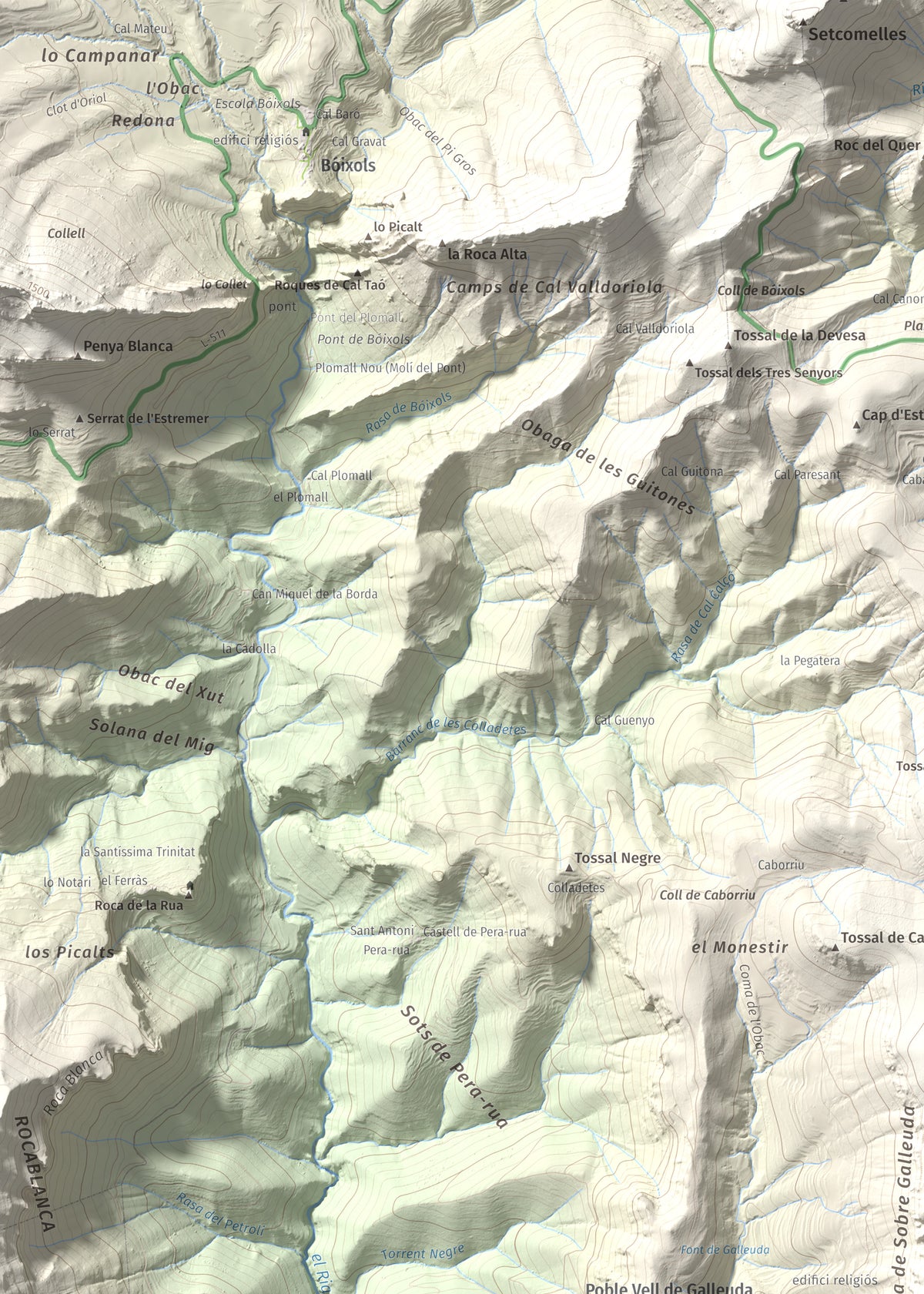 Mapa de relieve de Serrat de Carrasquers, 1429 m, Alt Urgell, lámina 100 Cims de Trobart. Detalle de la zona superior izquierda. 50 × 70 cm.