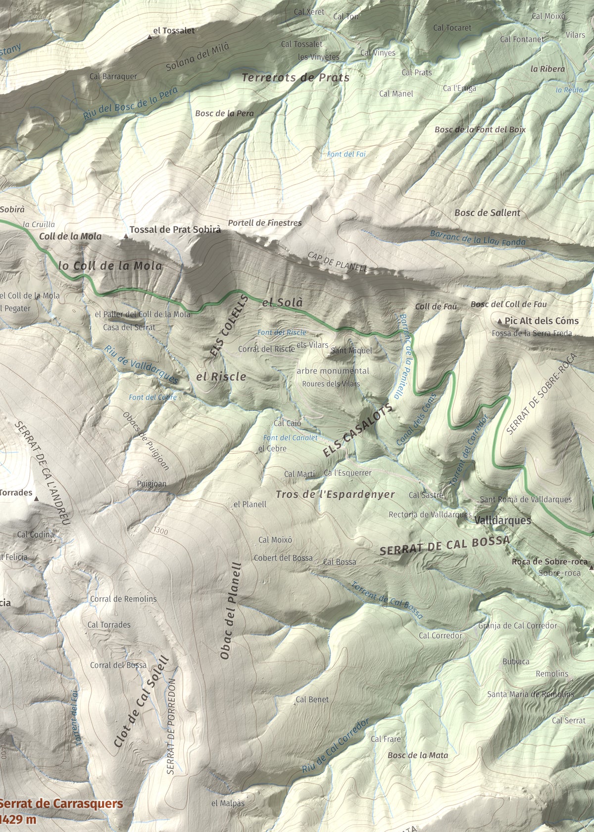 Mapa de relieve de Serrat de Carrasquers, 1429 m, Alt Urgell, lámina 100 Cims de Trobart. Detalle de la zona superior derecha. 50 × 70 cm.
