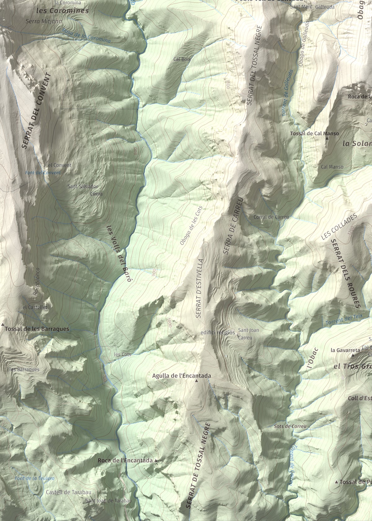 Mapa de relieve de Serrat de Carrasquers, 1429 m, Alt Urgell, lámina 100 Cims de Trobart. Detalle de la zona inferior izquierda. 50 × 70 cm.