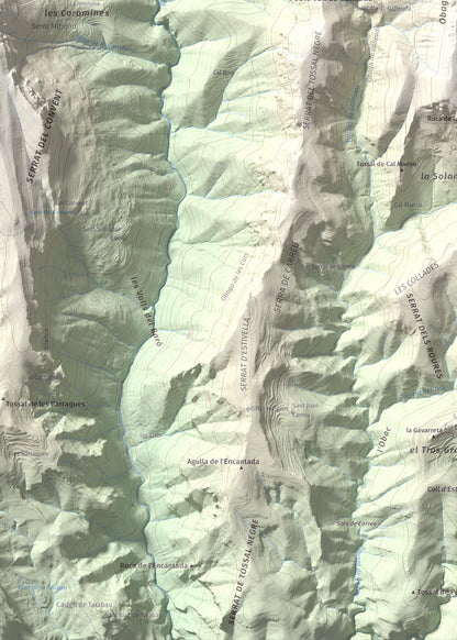 Mapa de relieve de Serrat de Carrasquers, 1429 m, Alt Urgell, lámina 100 Cims de Trobart. Detalle de la zona inferior izquierda. 50 × 70 cm.