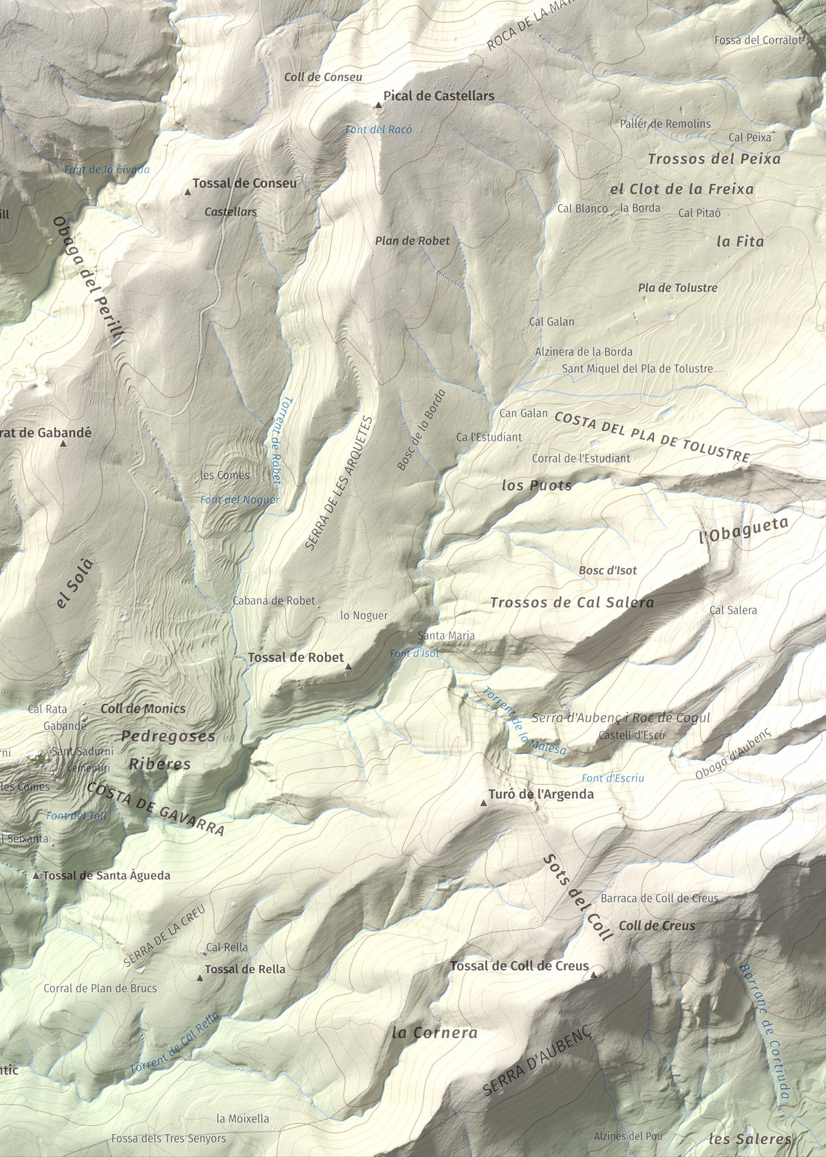 Mapa de relieve de Serrat de Carrasquers, 1429 m, Alt Urgell, lámina 100 Cims de Trobart. Detalle de la zona inferior derecha. 50 × 70 cm.