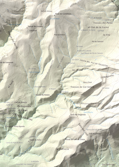 Mapa de relieve de Serrat de Carrasquers, 1429 m, Alt Urgell, lámina 100 Cims de Trobart. Detalle de la zona inferior derecha. 50 × 70 cm.