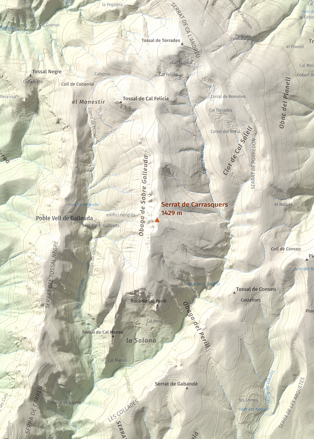 Mapa de relieve de Serrat de Carrasquers, 1429 m, Alt Urgell, lámina 100 Cims de Trobart. Detalle de la zona central. 50 × 70 cm.