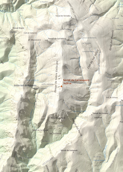Mapa de relieve de Serrat de Carrasquers, 1429 m, Alt Urgell, lámina 100 Cims de Trobart. Detalle de la zona central. 50 × 70 cm.