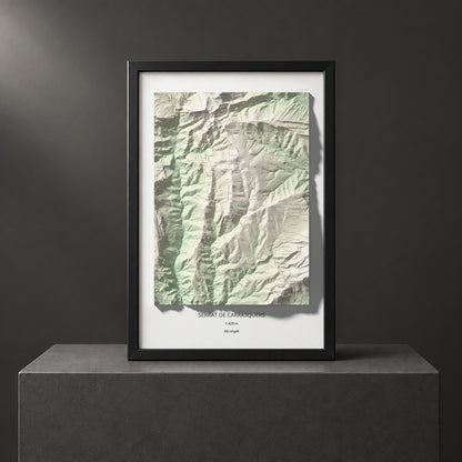 Mapa de relieve de Serrat de Carrasquers, 1429 m, Alt Urgell, lámina 100 Cims de Trobart. Presentación enmarcada. 61 × 91 cm.