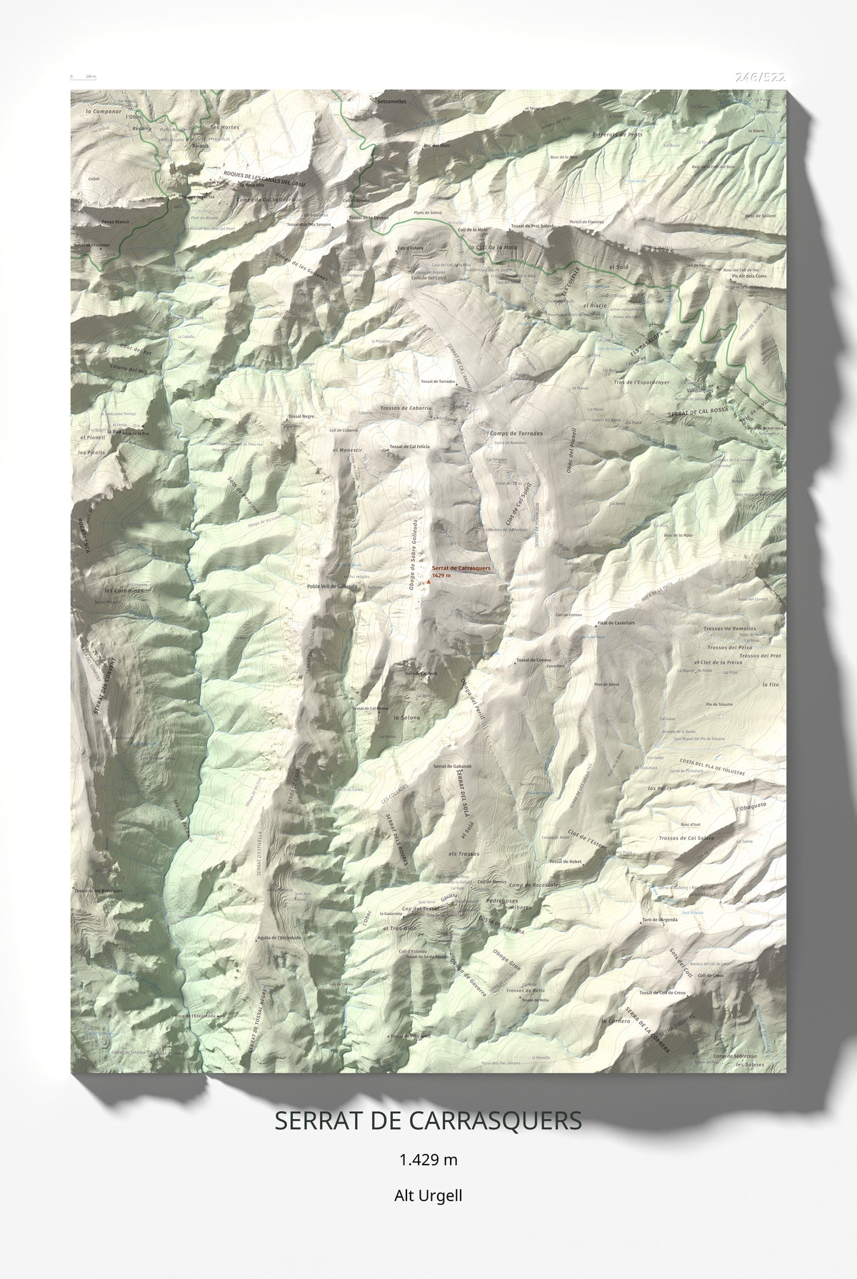 Mapa de relieve de Serrat de Carrasquers, 1429 m, Alt Urgell, lámina 100 Cims de Trobart 61 × 91 cm.