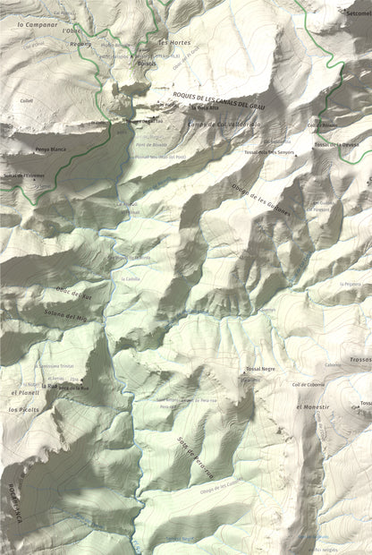 Mapa de relieve de Serrat de Carrasquers, 1429 m, Alt Urgell, lámina 100 Cims de Trobart. Detalle de la zona superior izquierda. 61 × 91 cm.