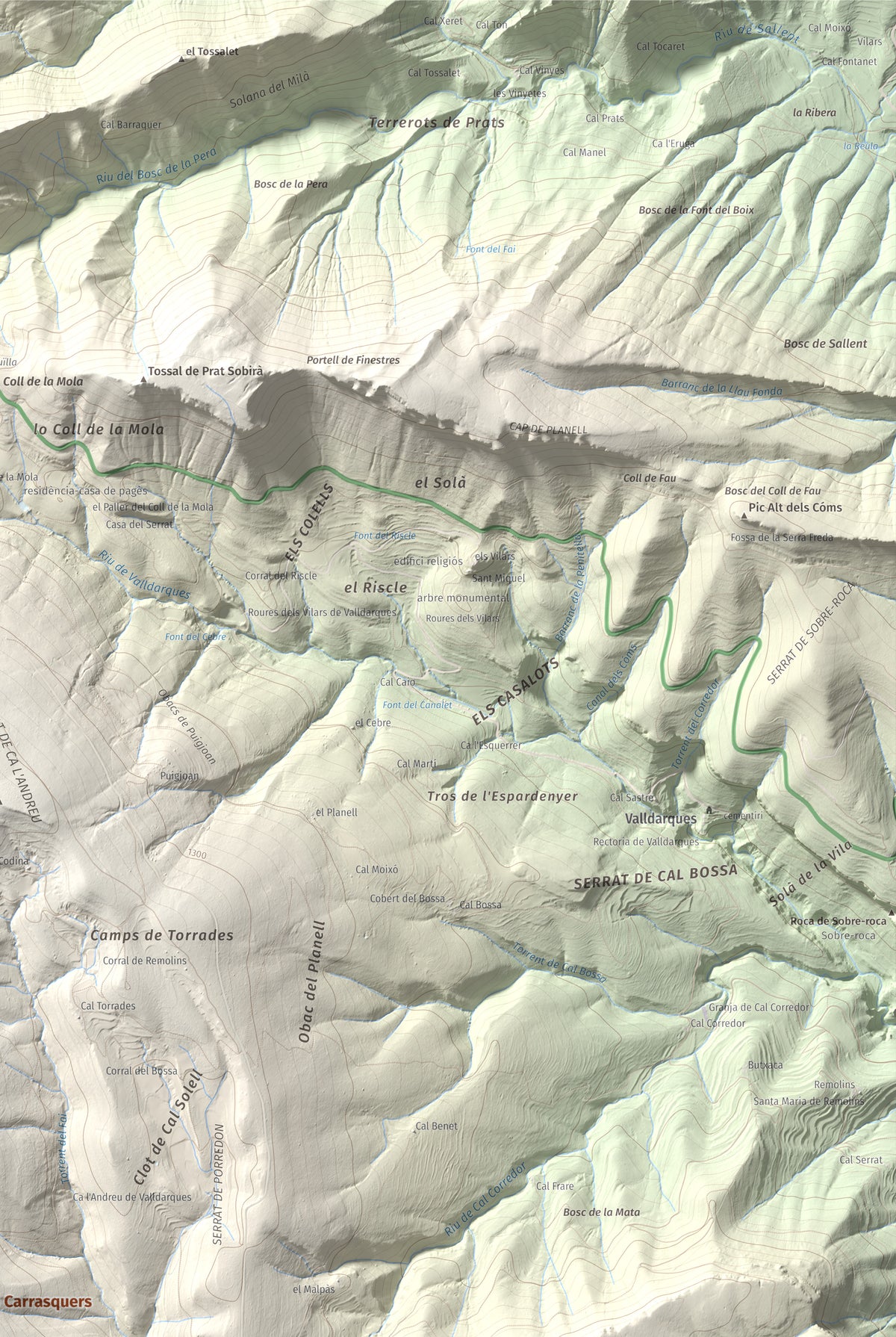 Mapa de relieve de Serrat de Carrasquers, 1429 m, Alt Urgell, lámina 100 Cims de Trobart. Detalle de la zona superior derecha. 61 × 91 cm.