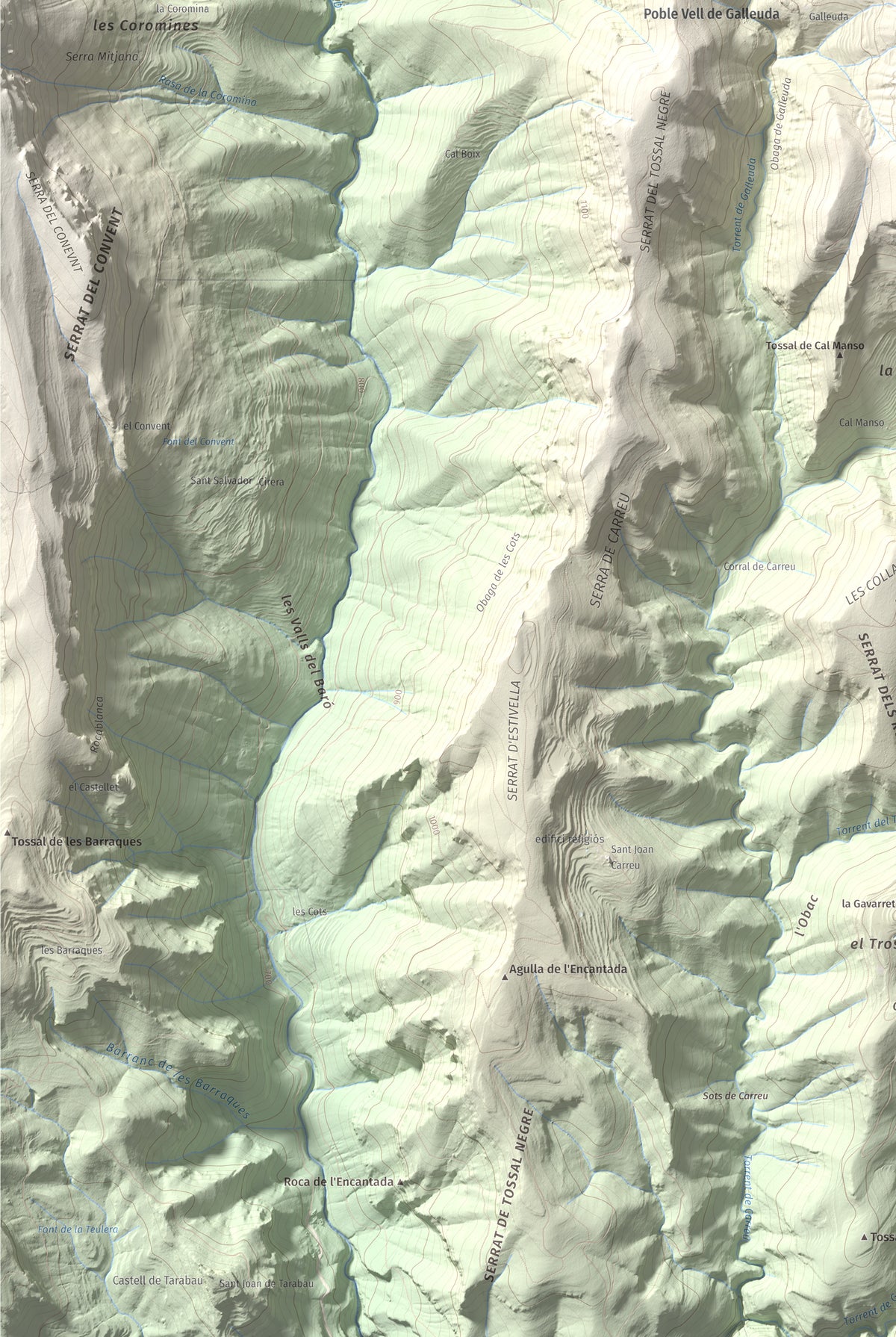 Mapa de relieve de Serrat de Carrasquers, 1429 m, Alt Urgell, lámina 100 Cims de Trobart. Detalle de la zona inferior izquierda. 61 × 91 cm.